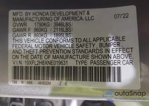 2022 Honda Civic Sport z USA, uszkodzony, nr VIN 19XFL2H8XNE019631